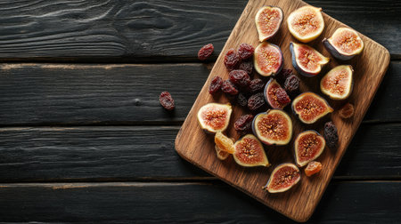 Top view of dried figs and raisins on a rustic wooden board, with room for copy.の素材