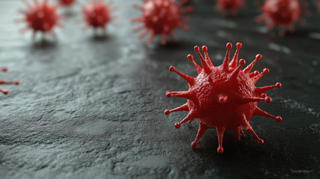 Virus model with spikes floating on a grey surface, with room for copy text.の素材