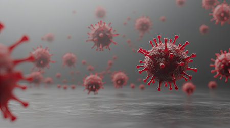 Floating virus particles on a grey surface, isolated with space for text.の素材