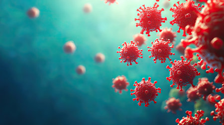 Virus cells in red, floating on a blue background with copy space.の素材