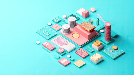 Simplified 3D business cost structure with floating icons, top view, with room for text.の素材