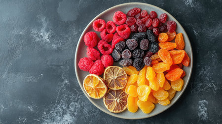 Top view of a vibrant assortment of dried fruits on a ceramic plate, with open space for copy.の素材