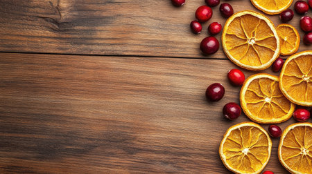 Top view of dried orange slices and cranberries on a wooden table, with copy space.の素材