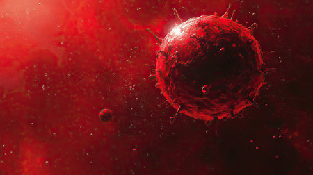 Virus illustration in red tones, floating in space, with open area for copy.の素材