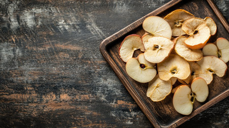 Top view of dried apple and pear slices on a wooden tray, with space for copy.の素材