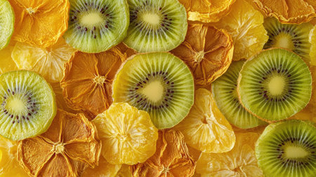 Top view of dried kiwi, papaya, and pineapple slices arranged artistically, with copy space.の素材