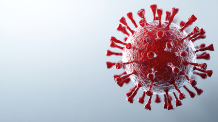 Virus cell floating on a neutral background, isolated with surrounding space for text.の素材
