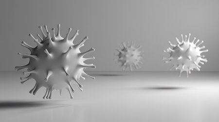 Virus model with spikes floating on a grey surface, with room for copy text.の素材