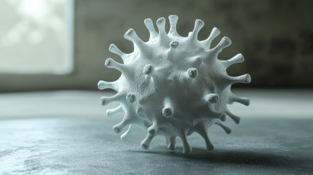 Virus model with spikes floating on a grey surface, with room for copy text.の素材