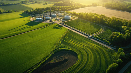 Aerial view of natural gas infrastructure cutting through farmland, with space for text.の素材