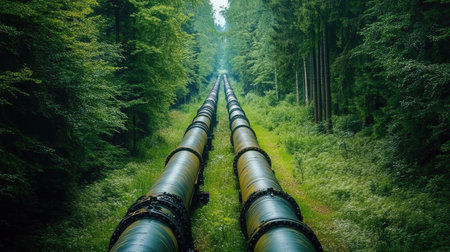 Gas pipeline running through a dense forest with copy space in the tree canopy.の素材