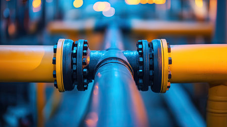 Close-up of a gas pipe junction with ample space for copy on a blurred industrial background.の素材
