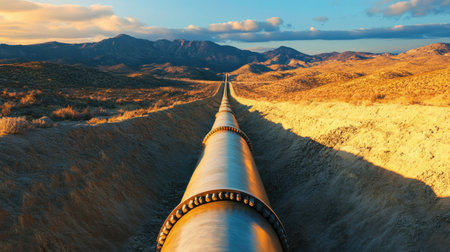 Elevated view of a gas pipeline crossing rugged terrain, sky left open for copy space.の素材