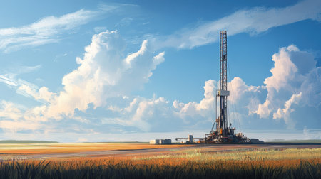 Natural gas extraction site with drilling equipment, leaving room for copy in the sky.の素材