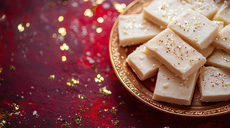 Close-up of kaju katli on a festive background with space for celebratory messages or ads.の素材