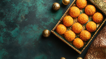 A box of motichoor laddoos with decorative surroundings and space for promotional text.の素材