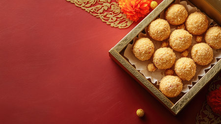 A box of motichoor laddoos with decorative surroundings and space for promotional text.の素材