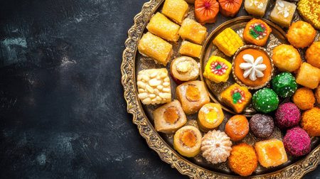 A platter of Indian sweets with space for text, perfect for festive marketing or celebration greetings.の素材