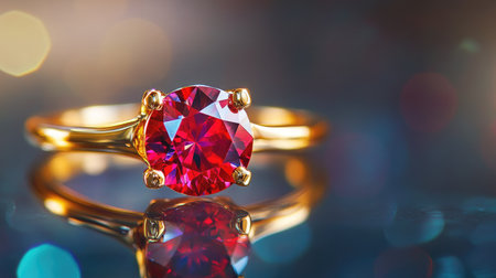 A close-up of a gold ring with a large ruby centerpiece on a reflective surface, with space for brandingの素材