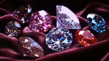 A collection of shining diamonds and gemstones arranged on a velvet surface, with space for marketing text.の素材