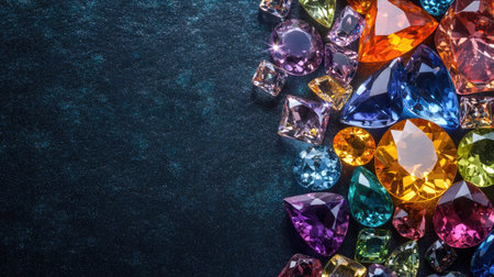 A collection of sparkling gemstones in various shapes and colors, with empty space for marketing text.の素材