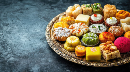 A platter of Indian sweets with space for text, perfect for festive marketing or celebration greetings.の素材