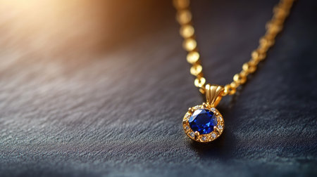 Close-up of a sapphire pendant on a delicate gold chain with ample space for luxury branding.の素材