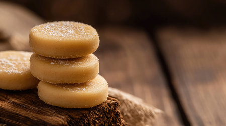 Close-up of peda on a wooden background, with plenty of space for text, perfect for Diwali or festive promotionsの素材