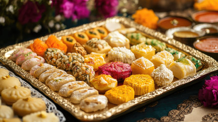 A vibrant tray of assorted mithai placed on a festive table, with space for personalized messages.の素材