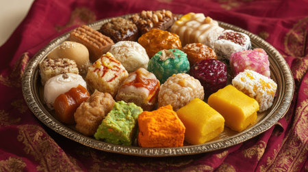 A colorful mithai assortment on a traditional plate with space for copy, perfect for Diwali greetings.の素材