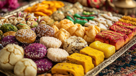 A vibrant tray of assorted mithai placed on a festive table, with space for personalized messages.の素材