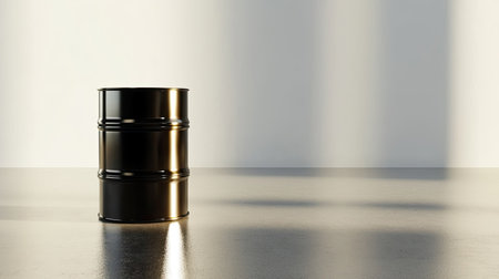 A single barrel of crude oil standing on a clean surface, with space for copy or branding.の素材