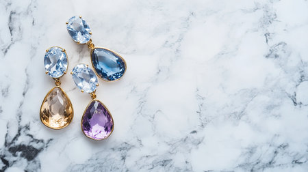 A set of gemstone earrings displayed on a marble background with ample copy space for luxury ads.の素材