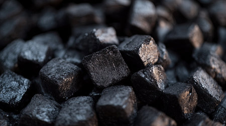 Close-up of coal briquettes on a plain background, with ample room for energy sector messaging.の素材