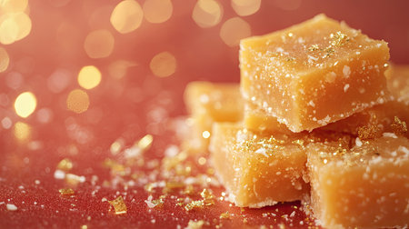 Close-up of barfi on a festive background with generous space for celebratory messages or branding.の素材