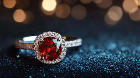 A close-up of a ruby ring on a velvet surface with generous space for promotional text or branding.の素材