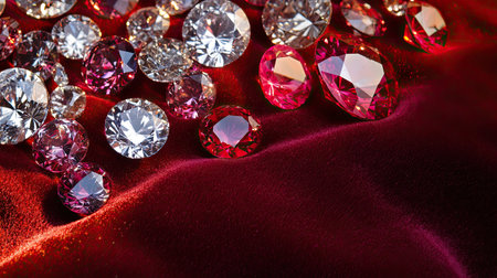 Assorted diamonds and rubies arranged on a velvet surface with plenty of space for copy.の素材