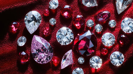 Assorted diamonds and rubies arranged on a velvet surface with plenty of space for copy.の素材