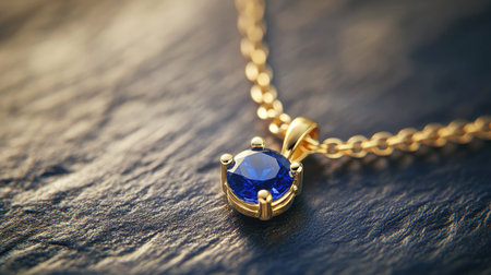 Close-up of a sapphire pendant on a delicate gold chain with ample space for luxury branding.の素材