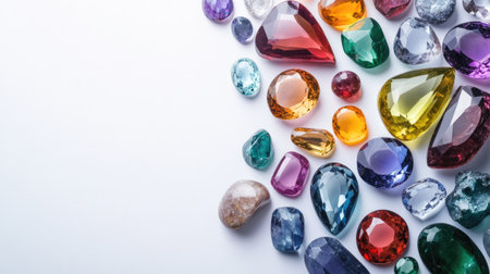 A variety of colorful gemstones displayed on a white surface with space for marketing or promotional text.の素材