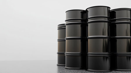 Barrels of crude oil stacked, with a clear background and space for branding or promotional copy.の素材