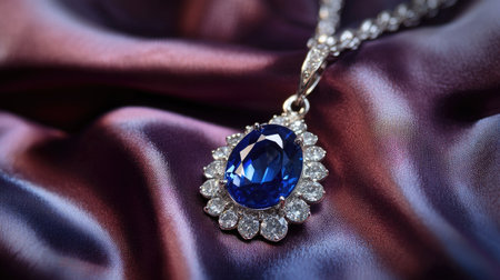 Close-up of an intricate sapphire pendant on a silk background with ample space for text.の素材