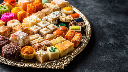 Assorted sweets on a decorative tray with copy space, ideal for Diwali or festive promotions.の素材