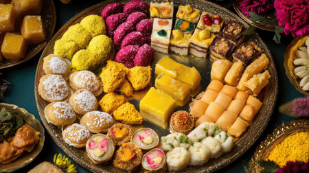 A vibrant tray of assorted mithai placed on a festive table, with space for personalized messages.の素材
