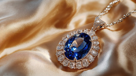 Close-up of an intricate sapphire pendant on a silk background with ample space for text.の素材
