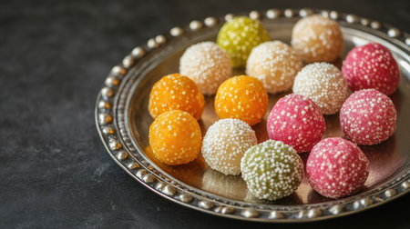 Colorful laddoos arranged on a silver plate with empty space for festival greetings or ads.の素材