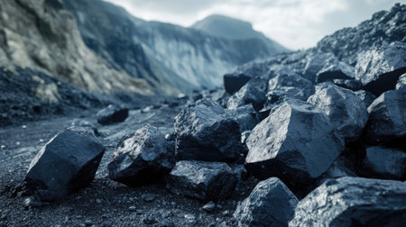 Coal mining scene with coal rocks spread on a plain surface, perfect for energy sector promotions.の素材