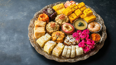 Assorted Indian sweets on a decorative platter with empty space to the side for Diwali wishes.の素材