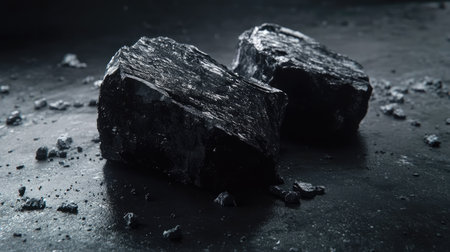 Coal chunks on a plain surface with ample copy space for energy-related messaging or branding.の素材