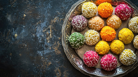 Colorful laddoos arranged on a silver plate with empty space for festival greetings or ads.の素材